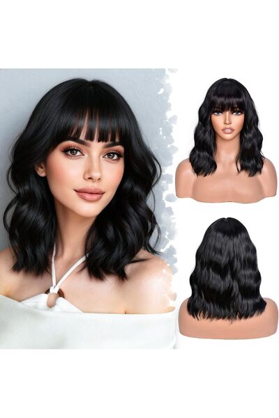KOWVOWZ Black Wavy Wig with Bangs, 14 Inch Shoulder-Length Synthetic Curly Bo...