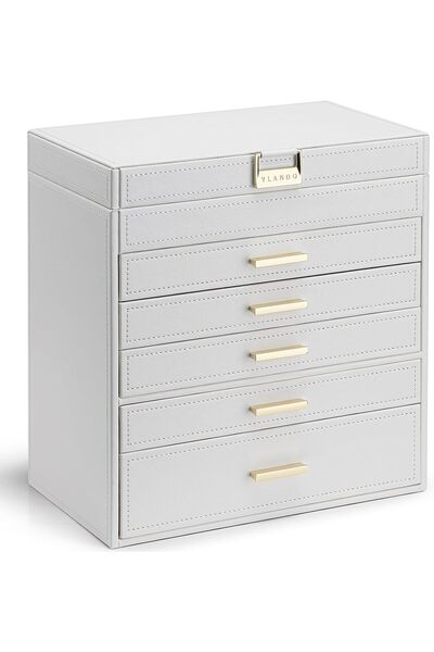 VLANDO Large Jewelry Box, 6 Layer Storage, Removable Dividers, White