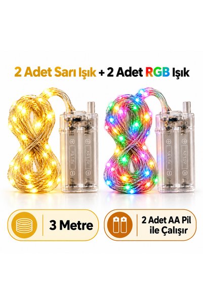 BERHAT 3 Metre Pilli Peri Led Işık 4’lü Set 2 Adet Sarı + 2 Adet RGB Dekorati...