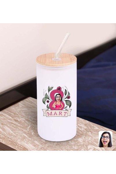 Bk Gift Special Cartoon White Colored Glass Cup with Straw for Women's Day 60...