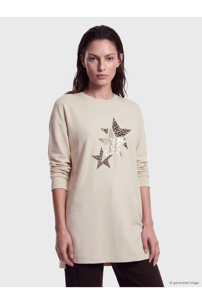 LC Waikiki Peak New Season Beige Printed Oversized Women's Sweatshirt Tunic.
