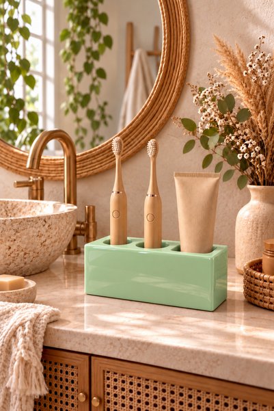 Zigzag Home Dekoratif Yeşil Renk Diş Fırçalık Modern Elektronik Diş Macunluk Ve Diş Fırçalık Organizer
