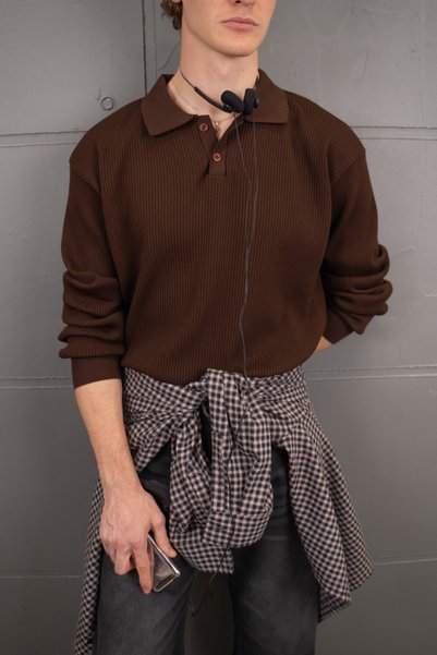 HYMAN Men's Polo Collar Buttoned Oversize Knit Sweater