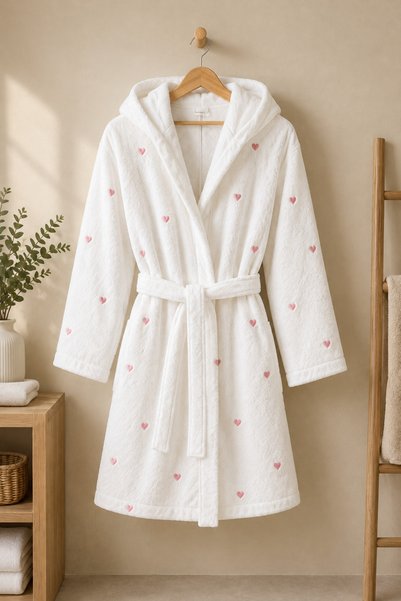 Denissly Nakışlı Micro Cotton Kadın Mini Bornoz – Kapüşonlu, Gizli Cepli, Beyaz
