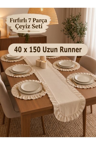 LIENS HOME Fırfırlı Supla ve Runner 7 Parça Çeyiz Seti 40x150 Uzun Runner Ame...
