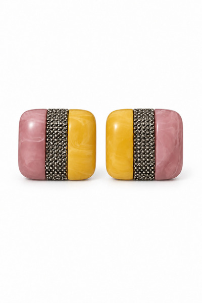 nergis collection Dried Rose Yellow Textured Metal Detailed Women's Stud Earr...