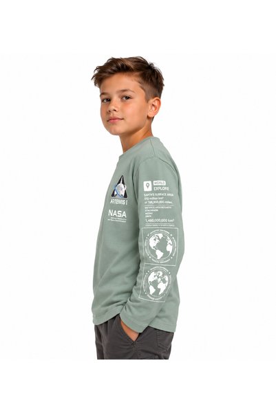 onymino Erkek Çocuk Ada Çayı Yeşili NASA Baskılı Uzun Kollu %100 Pamuk Sweatshirt 9-14 Yaş