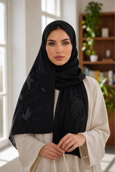 Veil Designer طرحة بوال اسود بتطريز اسود قماش ياباني بتطريز مختلف علي الطرفين...