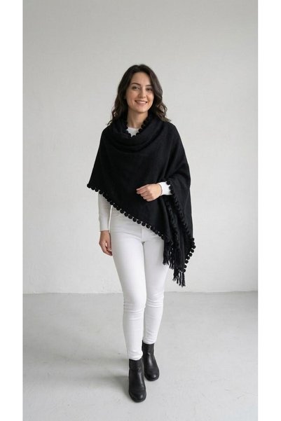 ARMİZA Black Pompom Tasseled Women's Knitwear Shawl Poncho