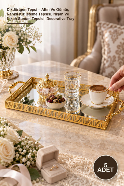 Yenilig 5 Pieces Rectangular Tray – Gold and Silver Colored Girl's Request Tr...