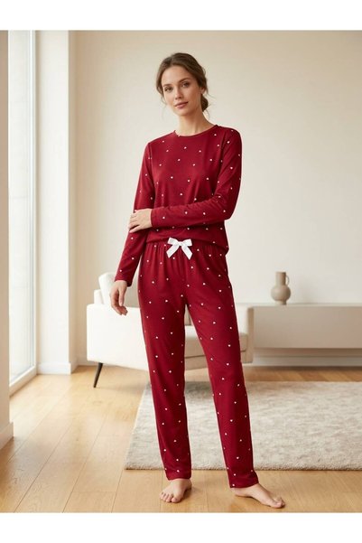 PIOVE Women's Mini Patterned Crew Neck Long Sleeve Pajama Set