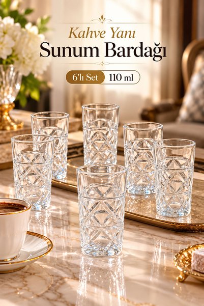 Mutfiko Premium 6'lı Kahve Yanı Su Bardağı 110 ml – Elmas Desenli Kristal Gör...
