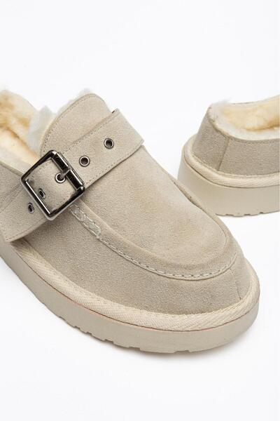 Saadet Kaya Butik Mery Women's Buckle-Fastened Fur Beige Slippers