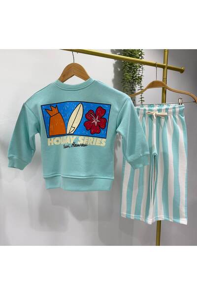 YİGİT BUTİK Unisex Çocuk Baskılı Sweatshirt ve Çizgili Bol Paça Takım 2-8 Yaş
