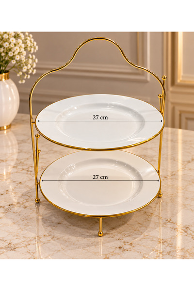Niyara home 2 Katlı Porselen Servis Sunum Standı – Gold Metal Ayaklı, 27 cm Ç...