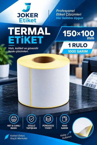 Joker Etiket / 150x100 Termal Etiket / 1.000 Adet / 1 Rulo / Ribonsuz Kullanım / Yapışkanlı / Kargo