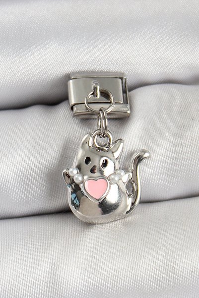 kumkumticaret 316L Steel Dangle Detailed Cat Model Silver Color Nomination Charm