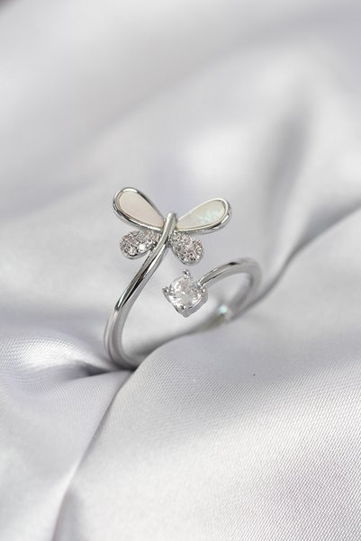 kumkumticaret Silver Color Dragonfly Model Zircon Stone Women's Ring