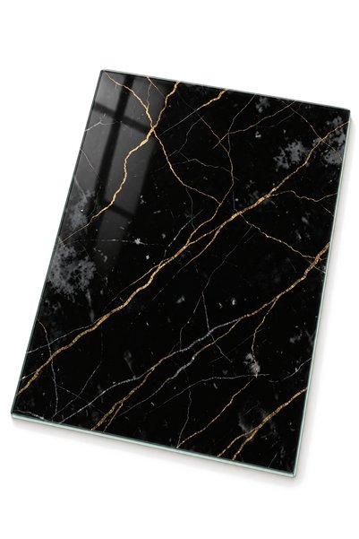 ZURİ DESİGN Black Gold Veined Marble Patterned Tempered Glass Cutting Board 2...