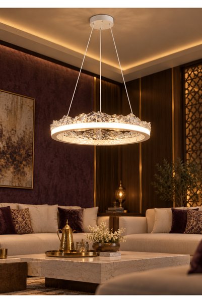 Generic Brand نجف كراون ايطار كريستالي آبيض بثلاث الوان اضاءة LED تصميم مودرن