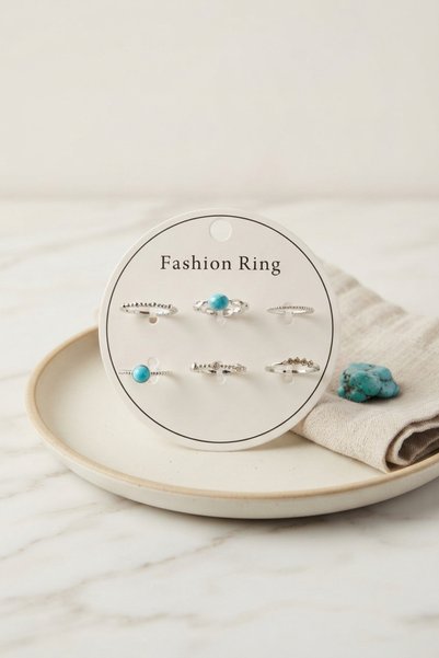 kumkumticaret Silver Color Brass Blue Stone Detailed 6-Piece Ring Set Byk4306