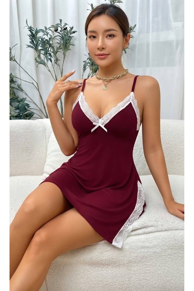PEMBİŞ HOMEWEAR Kadın Göğüs Fiyonk Detaylı Dantelli Penye Gecelik