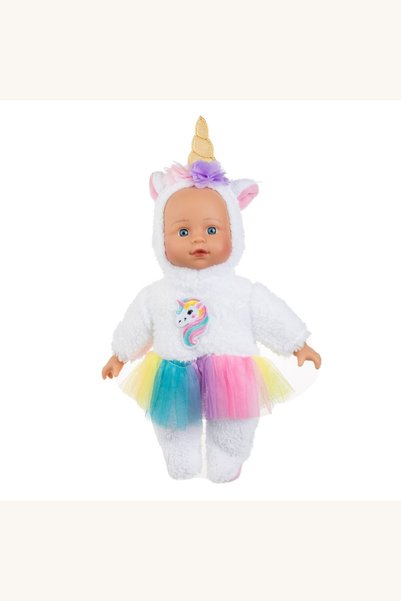 Comerivo Papusa unicorn 30cm pentru copii, cu gluga alba si corn auriu