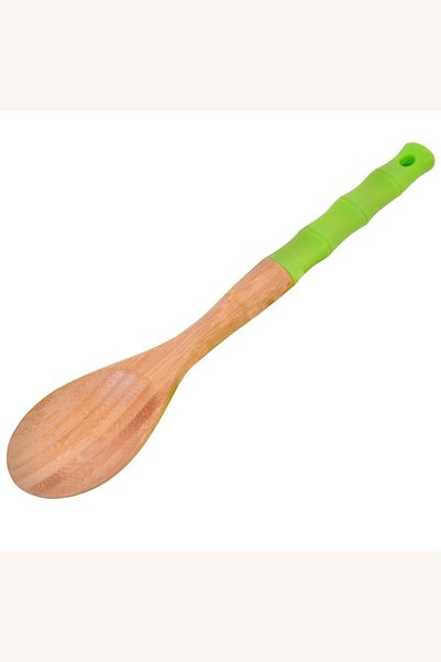 Comerivo Lingura de lemn 30cm cu maner silicon verde - ideala pentru gatit
