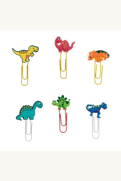 Comerivo Set 6 agrafe colorate cu dinozauri pentru carti si caiete copii