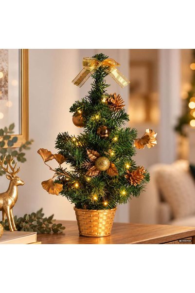 OEM Brad Decorativ de Craciun pentru Masa in Ghiveci Auriu cu 20 LED-uri - 50cm
