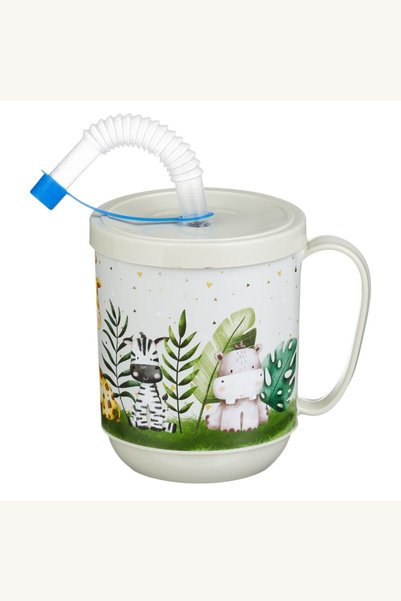 Comerivo Pahar cu pai si maner pentru copii, design jungla, 350ml, ecru