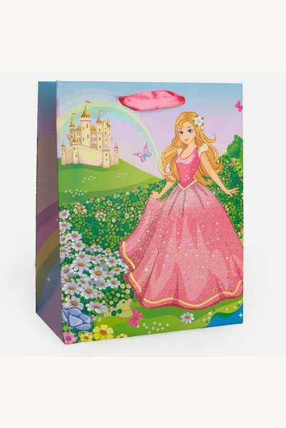Comerivo Punga pentru cadou roz cu printesa si glitter, 18x10x23cm