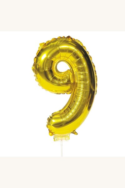 Comerivo Cifra 9 aurie metalizata din folie, balon petrecere 23cm cu accesorii