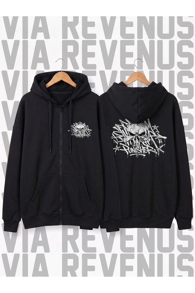 Vordevia Punisher Front and Back Printed Unisex Zippered Hooded Sweatshirt Ca...