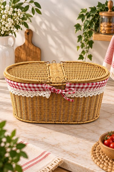 KMARKA Wicker Rattan Rectangular Picnic Basket Basket Organizer 18*38*25cm