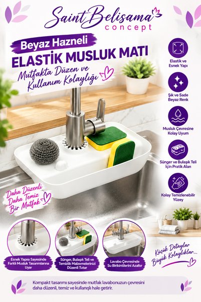 Mkats Elastic Faucet Mat with White Tank Water Trap Organizer Anti-Slip
