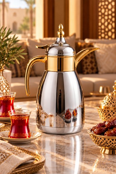 Nimet ترموس قهوة وشاي عربي فاخر سعة 1 لتر - دلة من الستانلس ستيل باللونين الذ...