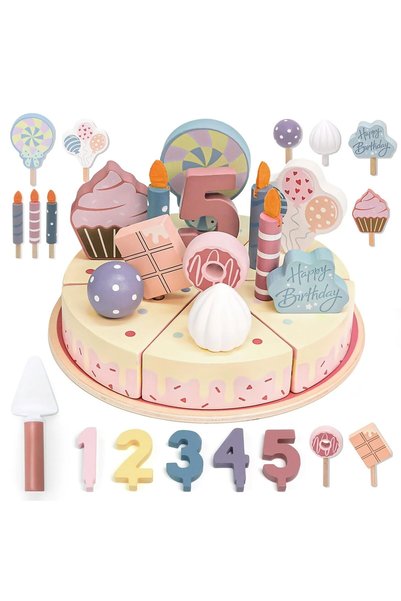 sallma Set tort aniversar din lemn, roz pastel, cu accesorii detasabile pentr...