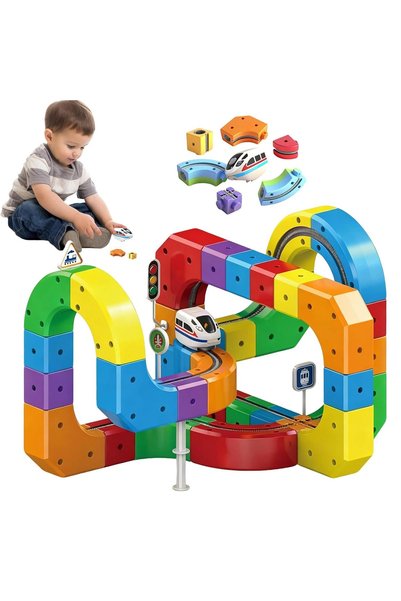 Salma Set interactiv de constructie cu blocuri magnetice colorate si tren ele...