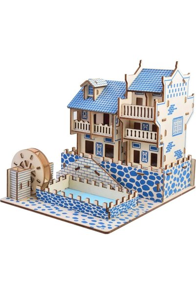 Salma Puzzle 3d din lemn casa cu moara de apa si detalii albastre, 63 piese