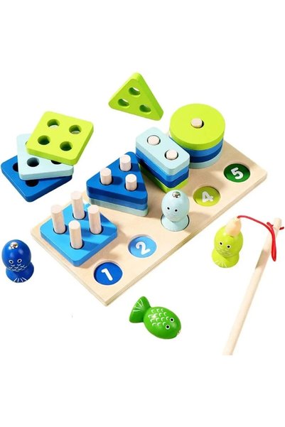 Salma Set de sortare si stivuire din lemn Montessori cu forme geometrice, cif...
