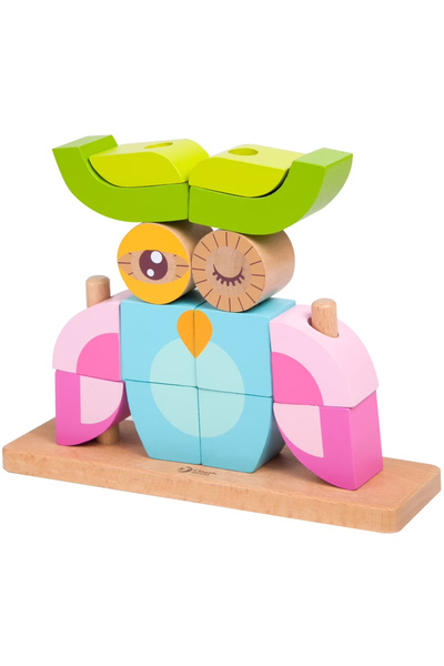 sallma Puzzle 3D din 14 cuburi colorate, pe tije, Bufnita roz cu bleu din lemn