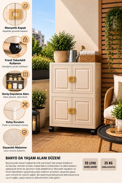Solto Home 2 Katlı Çok Amaçlı Dolap Katlanır Tekerlekli Mıknatıslı Kapaklı Po...