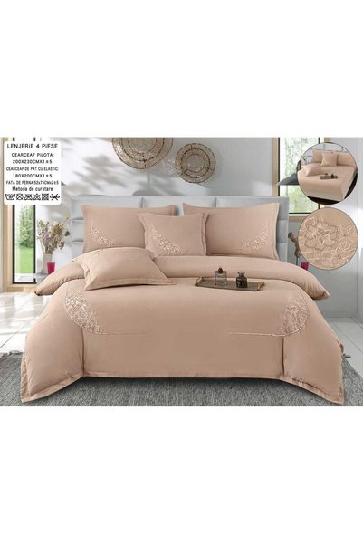 Truva Home Lenjerie Pat Dublu Bumbac Fin cu Broderie Elegantă | 4 Piese | Cea...