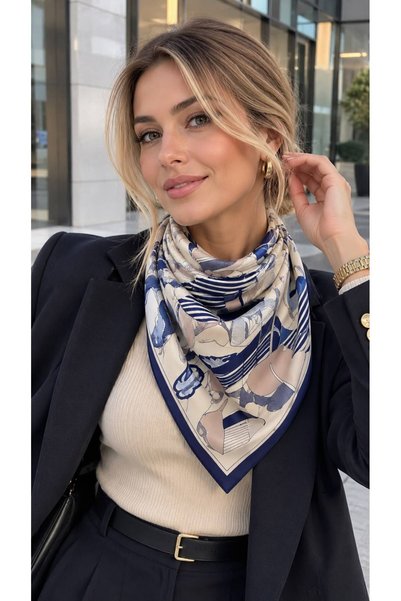 BALIENTE وشاح نسائي من القطن بنمط تجريدي باللون الأزرق الداكن مقاس 70x70 سم