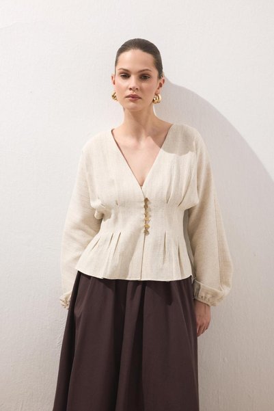 Merve Gültekin Pile Detaylı Keten Bluz