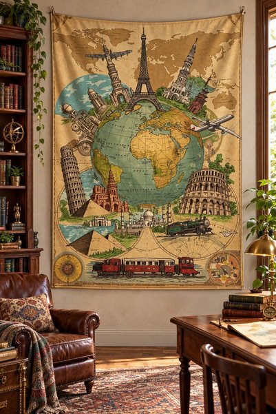 on the clouds Earth Globe and Famous City Icons Travel Digital Printed Stain ...