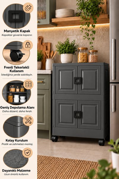 Solto Home 2 Katlı Çok Amaçlı Dolap Katlanır Tekerlekli Mıknatıslı Kapaklı Po...