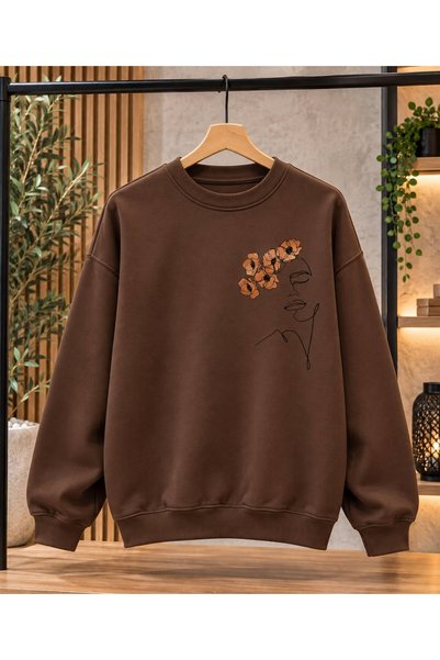 caddekombin Women's Minimal Drawing/Floral Detailed Oversize Sweatshirt - Cre...