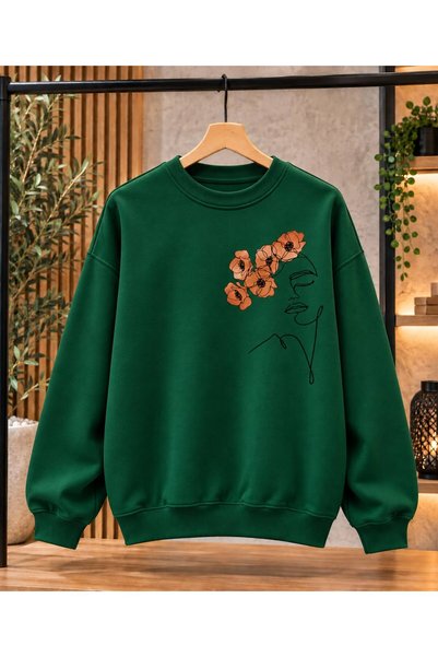 caddekombin Women's Minimal Drawing/Floral Detailed Oversize Sweatshirt - Cre...